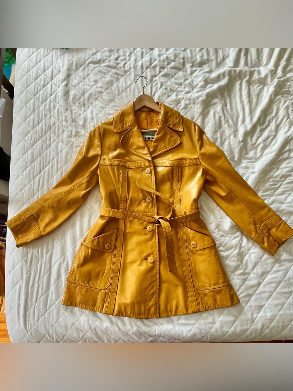 Vintage Mustard Yellow Leather Belted Trench Coat - Picture 3 of 9